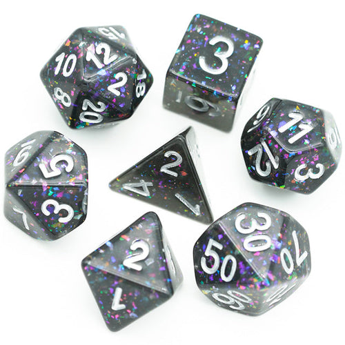 Black Cloud Brocade Powder 7-Dice Dnd Dice | Glitter w/Silver Numbers Set