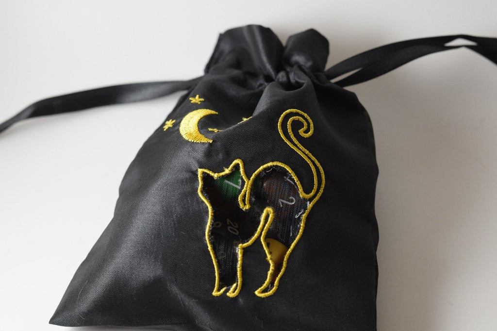 Black Cat Gift Bag Large Game Dice Bag White Counter Pouch Taffeta Scary Night